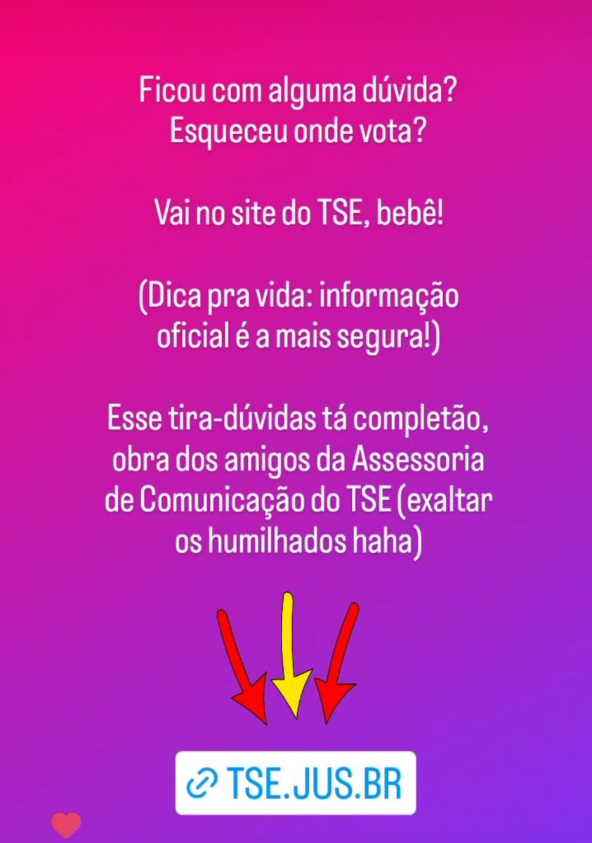 adrisn's tweet photo. Como que vota? Leva RG, leva título, leva um "bom dia" pro mesário (sim!)?Make festa da democracia great again!

Tira-dúvidas do TSE completão: https://t.co/qkqtuSlhdo https://t.co/9Xzw6Oqjv0