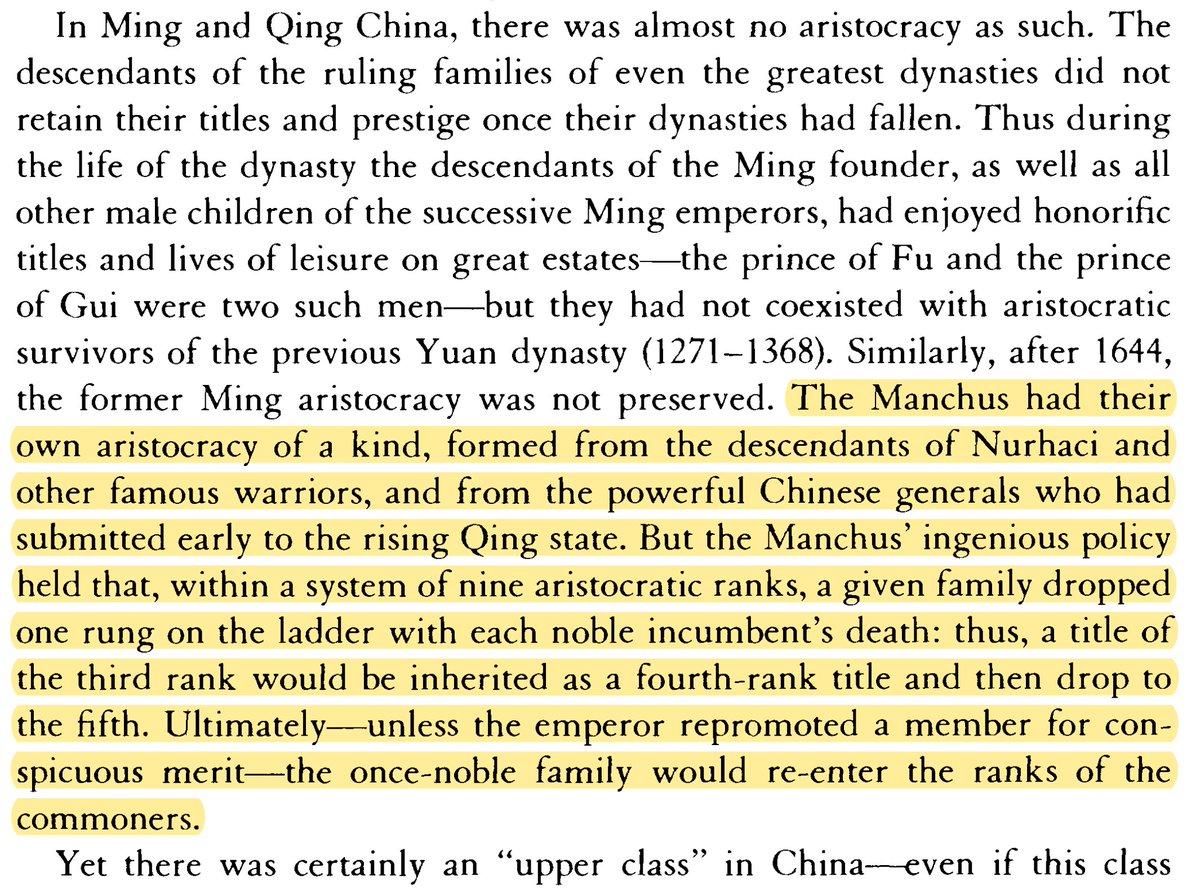 Interesting twist on aristocracy: The Manchus in 17th century China implemented a tax on social status. Automatic family status depreciation acted as an incentive for the younger generation to prove itself in the eyes of the emperor.