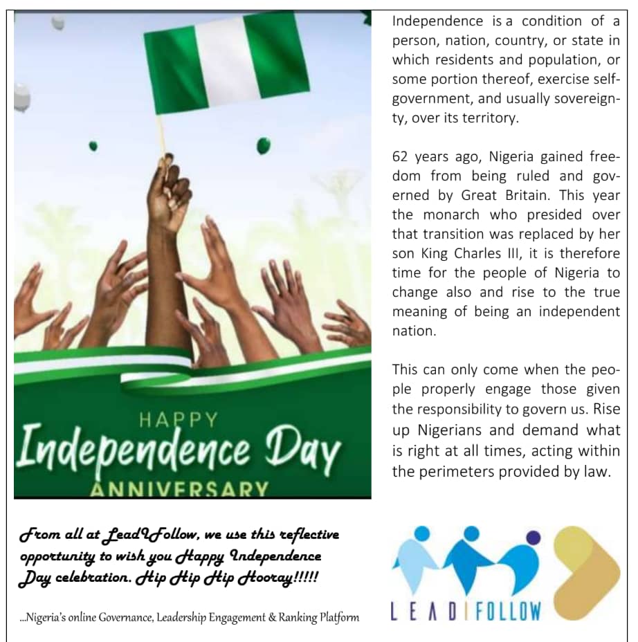 LeadIFollow_'s tweet photo. Happy Independence Day from us @LeadIfollow.
Together, we shall make Nigeria Great💪
#naija #nigeriagovernment #governance #councilor #leadership #leaders #peterobi #leadershipdevelopment  #nigeria #nigeria2023 #nerc #pcc #atiku #tinubu #nationalorientationagency #leadifollow https://t.co/KMAaEMImGy