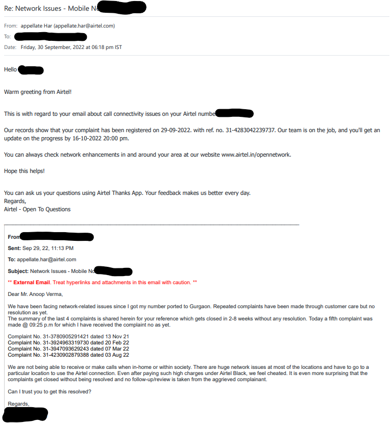 rakeshkothari's tweet photo. @DoT_India Much appreciated @DoT_India for your prompt reply. 
Hope action is taken against @airtelindia @Airtel_Presence.
Surprisingly #Airtel appellate chose to remain silent on my previous complaints and just shared a new complaint (5th one). Their reply is attached for ref.
@PMOIndia https://t.co/LhFbqWfmb6