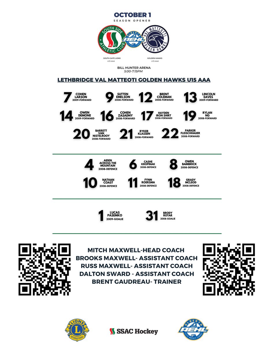 SSAC_U15AAA's tweet photo. Game Program for this evenings game vs. @ValHawks #playlikelions #gameprogram #ssac #u15aaa #aehl #hockeyalberta #qrcodes https://t.co/bNJhZ3Wuwz https://t.co/iBAcjdzeG5 https://t.co/FfKV0Y3Bng