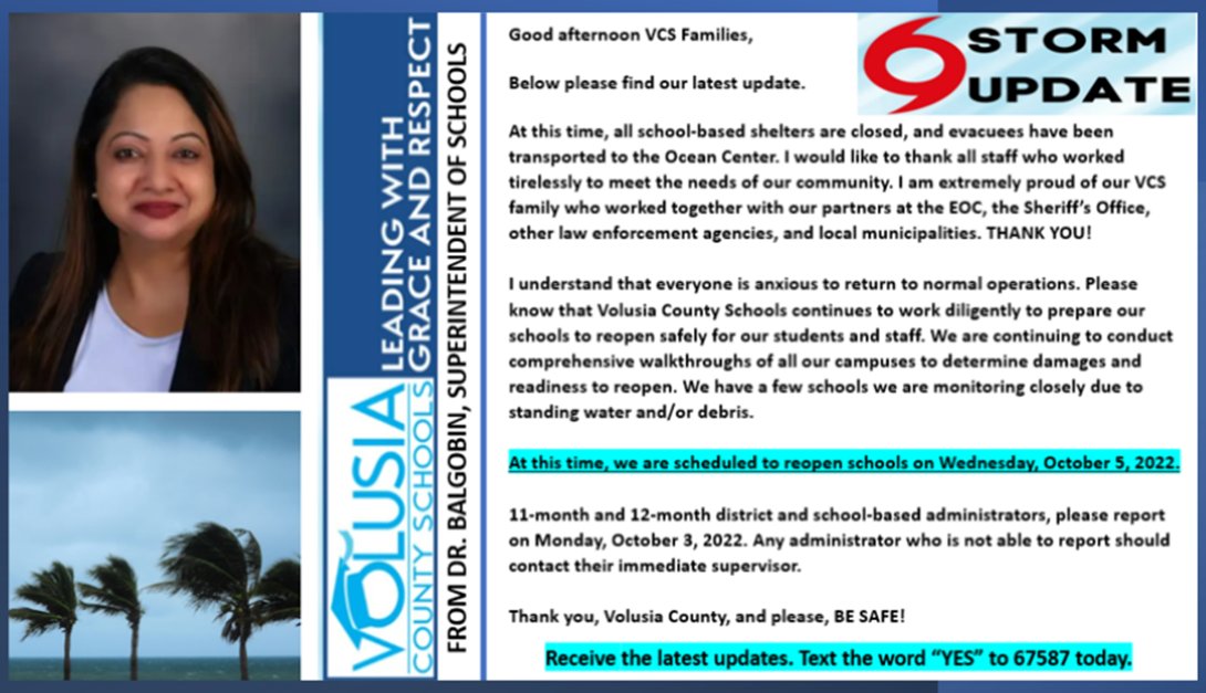 VCS SCHOOL REOPENING UPDATE - <a href="/volusiaschools/">Volusia County Schools</a> are scheduled to reopen on Wednesday, October 5, 2022.