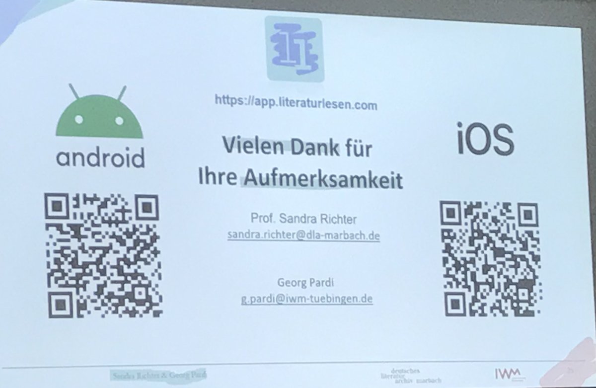 NetzLW's tweet photo. @pard_ge stellte die App #LiteraturLesen vor, die @DLAMarbach mit dem @IWMtue entwickelt hat: https://t.co/4AmOboMQqT. Wer hier liest, wird zugleich auch zur Forschenden. (4/6)
#Germanistentag https://t.co/wU5oiS2kHw