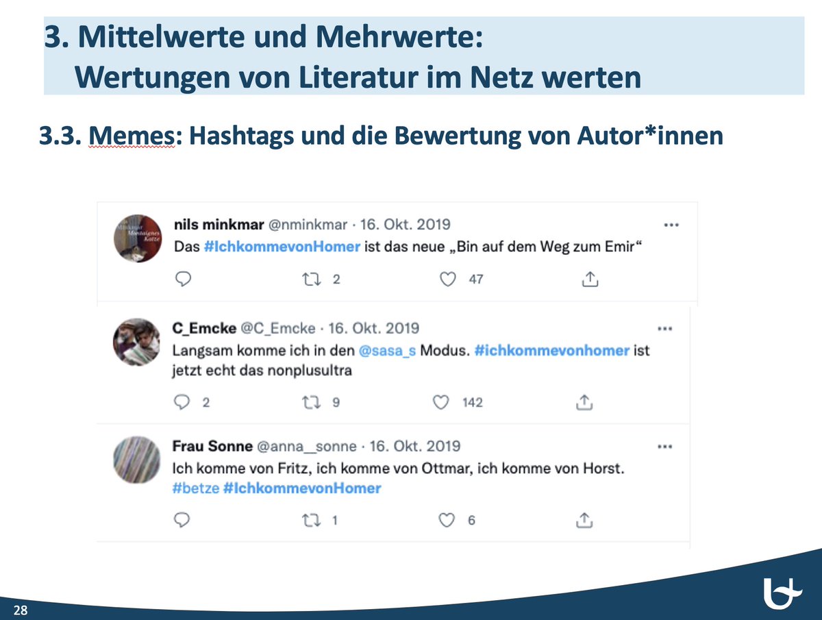 NetzLW's tweet photo. @DrThomasErnst problematisierte zum Abschluss die Begriffe #Memes & #Mojo, ua am Beispiel von Tweets v. @nminkmar& @C_Emcke zu #Handke. Die #Literaturwissenschaft müsse zu besseren Begriffen & Differenzierungen finden. Das sei eine Aufgabe der #NetzLW. (6/6)
#Germanistiktag2022 https://t.co/fel73Srrn3