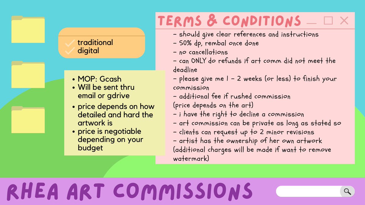 crheative_'s tweet photo. ♡ digital commissions open ♡ (ph)

feedbacks: #rheaatyourservice 

hi its rhea opening art comms for everyone!

- can do school projects or art for love ones 
- limited slots only
- flexible art style
- see t&amp;c for more details

dm me for inquiries ^^

#artcommissions https://t.co/vcdM49VVNr