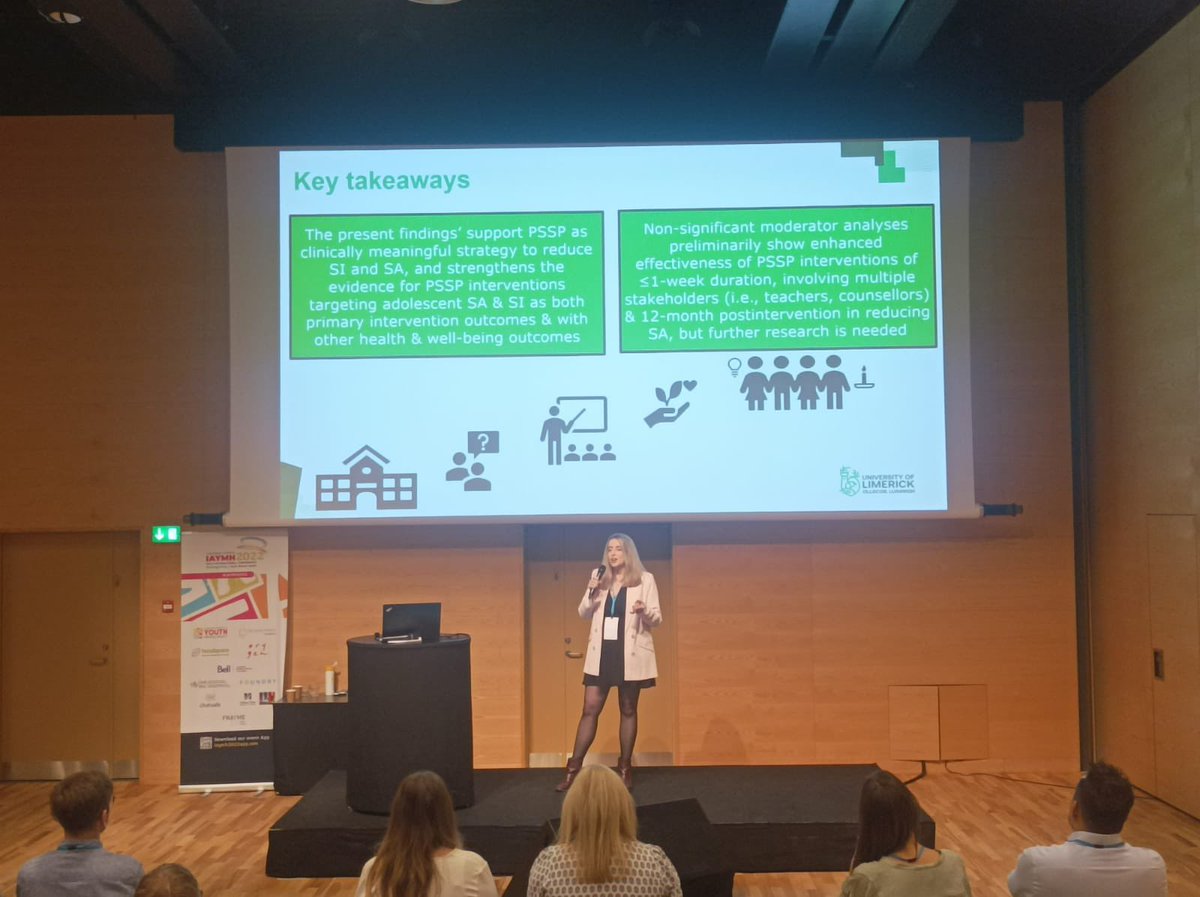 Fantastic presentation from @Eibhlin_W today on school suicide prevention - what works and when❓

These questions were considered in a meta- analysis on school suicide interventions. 

Coauthored with @JennytalksPsych & @mph8 

@iaymh #iaymh2022