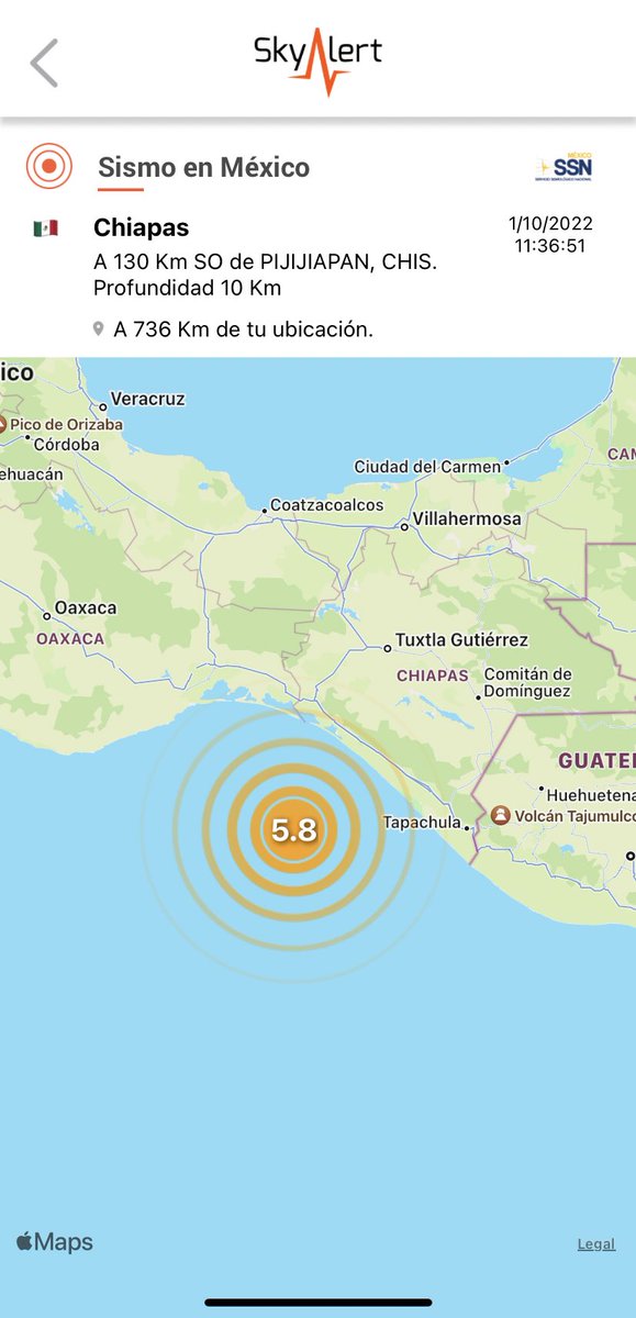 SkyAlertMx's tweet photo. Sismo magnitud 5.8 (SSN) ubicado a 130 km al suroeste de Pijijiapan, Chiapas.

Detectado por @REDSkyAlert con intensidad «leve» al tener epicentro lejano a la costa. https://t.co/9vqXTat9YR