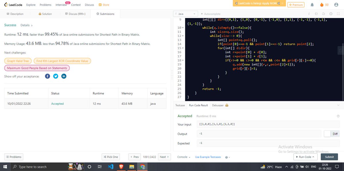 Garima_S1402's tweet photo. Hi Folks! 
I have completed Day 93 of 100 Days of Code program by CodeIN and Coding Minutes
Q: Shortest Path in Binary Matrix
Code: https://t.co/Dmz4ShSFxo
Discord: https://t.co/f7jQQGlK0X…

#100daysofcodechallenge  #codeincommunity #codein100daysofcode #100DaysOfCode #Coding https://t.co/kxGcKUG5Si