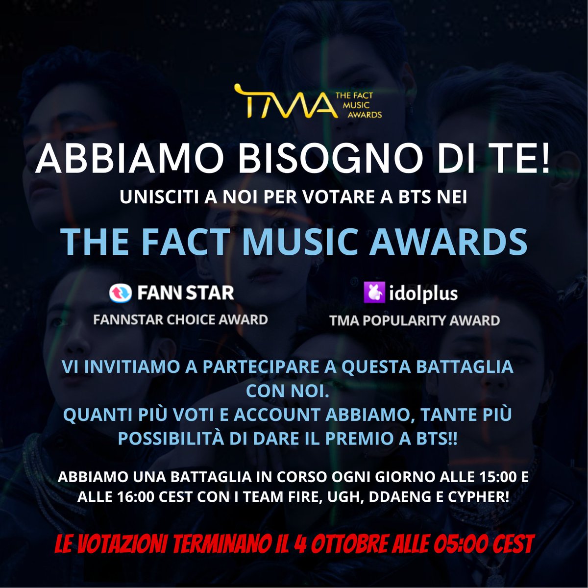 TeamEternalArmy's tweet photo. #ARMYITALY, vota i BTS ai Fact Music Awards! L'altro fandom è molto dedicato e abbiamo bisogno di un doppio sforzo!

AIUTACI A DIFFONDERE!!
Questo testo + poster + link su tutti i social network che hai!🙇🏻‍♂️

Fannstar
 https://t.co/s5OFfNGN8j

IDOLPLUS
https://t.co/tHoVyMsz3g https://t.co/UwuyyUiA0V