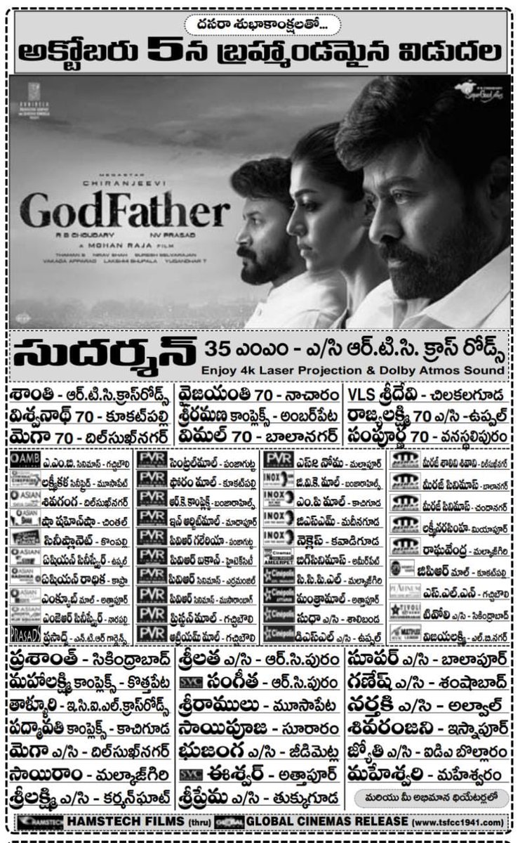 sureshvarmaz's tweet photo. #Godfather Nizam Theatres List
Rights by #Hamstech Films
(VakadaApparao’s Son & Friends )
through Global Cinemas Release 👍
@KChiruTweets @jayam_mohanraja
@ActorSatyaDev @NayantharaU
#GodFatherOnOct5th 🎉 https://t.co/AApyhNx7eY
