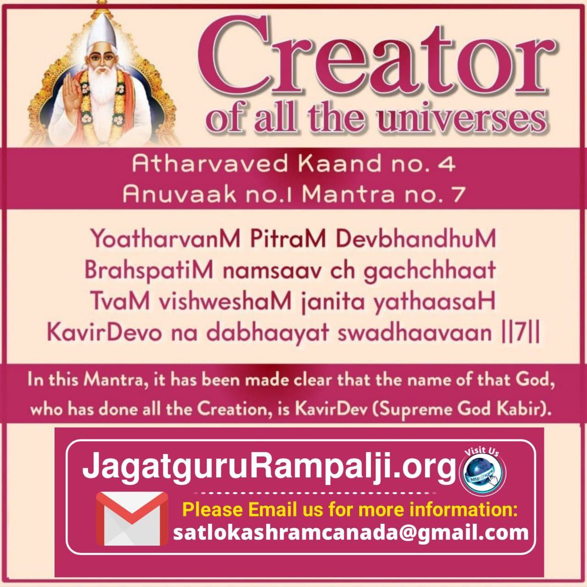 AwakeSpiritual1's tweet photo. #EveryChildMatters
Atharvaved Kand 4 Anuvaak 1 Mantra 1
Eternal God, Himself appearing in eternal place secured the upper loks(worlds). The same God temporarily established the lower 7 sankh brahmands of ParBrahm &amp; 21 brahmands of Brahm &amp; also the smallest creation in them. https://t.co/v5PmHNisRv