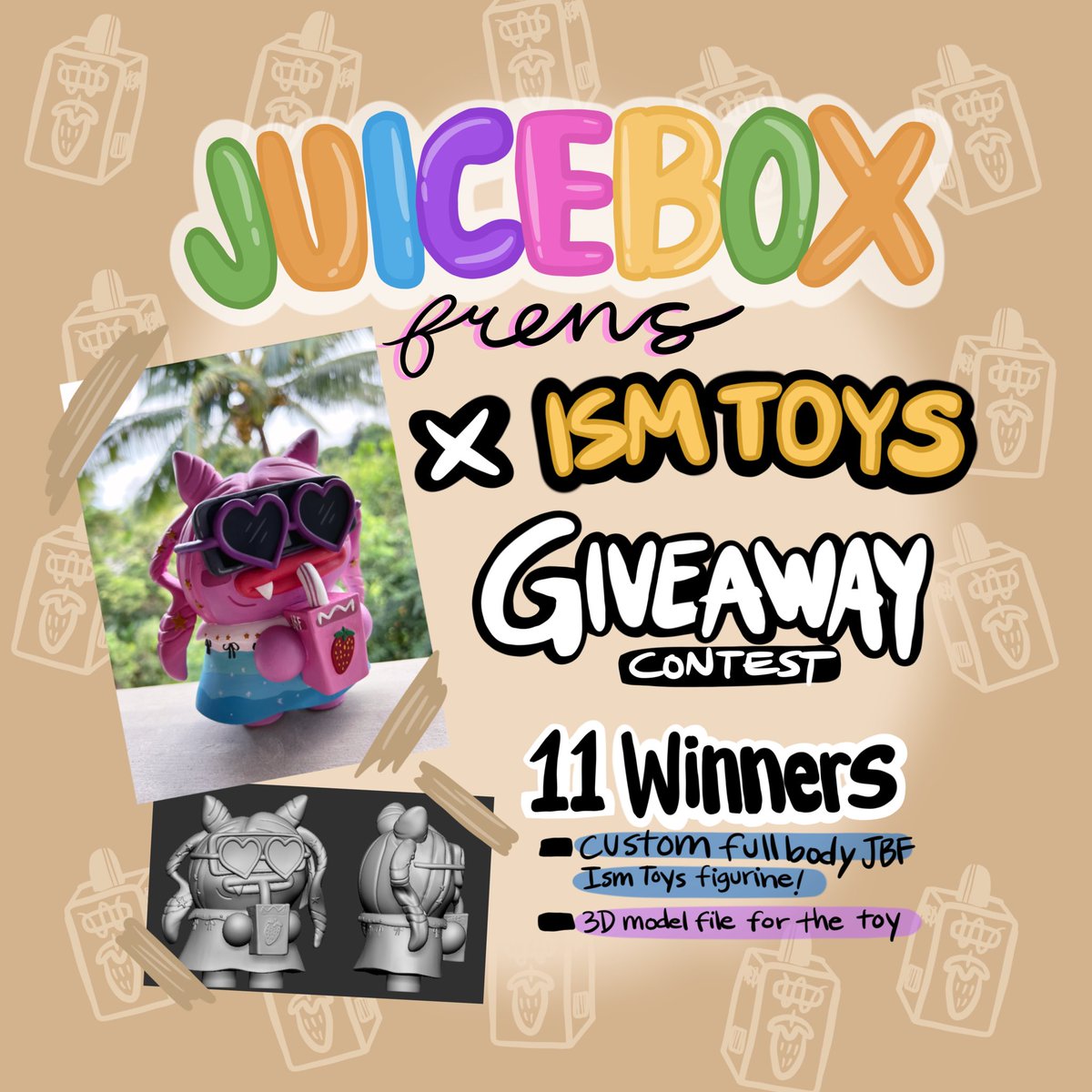 Juiceboxfrens's tweet image. 🧃JBF MEMBERS GIVEAWAY🧃

We are joining forces with @IsmToys to collab on some JBF full body toys for the community 🥳 11 winners!

1️⃣ Follow @Juiceboxfrens &amp;amp; @IsmToys 
2️⃣ Comment your fav full body JBF that you want to make into a toy!
3️⃣ Retweet this post 🙏🏼🔁