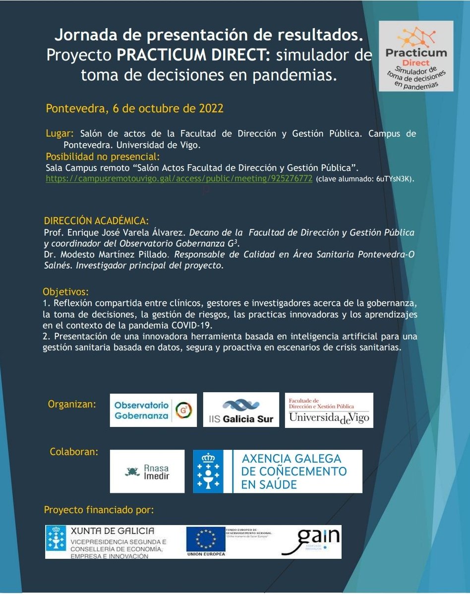ismaelsaid's tweet photo. Programa:
Jueves 6 de octubre. De 9:00 a 14:00.
Presencial y por Aula virtual. Facultad Gestión Pública, @uvigo #Pontevedra
#GestiónClínica
#GestiónBasadaenEfectividad
#PracticumDirect
#LiderazgoClínico https://t.co/pE7SUZZqA0
