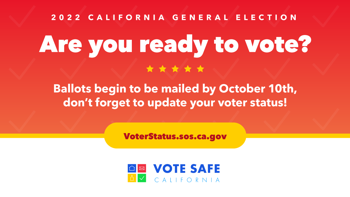 CASOSVote's tweet photo. By October 10th, all counties will begin mailing every active, registered voter their vote-by-mail ballot, &amp; safe in-person voting options will be available in every county. #VoteSafeCA #VoteCalifornia https://t.co/IILv1KdytB