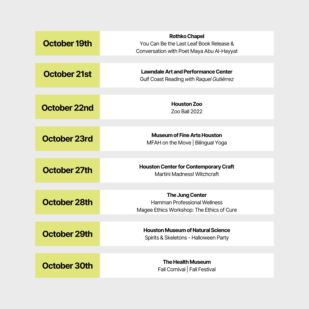 HOUMuseums's tweet photo. October is here! π Let the #FallEvents begin!
Swipe through to see an overview of what's happening at the #HoustonMuseumDistrict this month! ποΈ
#HOUMuse #houstonmuseums #museums #houstonevents #fallevents #houstontx #thingstodohouston #upcomingevents https://t.co/3nDkT2CJB1