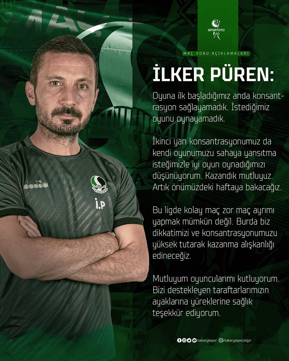 Sakaryaspor's tweet photo. 🗒️ Teknik direktörümüz İlker Püren'in maç sonu açıklamaları.
#SAKvYMS https://t.co/lK950gNQKZ