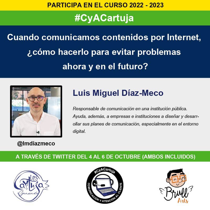 Desde el 4 de octubre veremos los peligros que tenemos cuando nos comunicamos por internet. Para ello tuitearemos con <a href="/lmdiazmeco/">Luis Miguel Díaz-Meco. Comunicación</a> 

¡No te lo pierdas! Y ¡participa! 

#CyACartuja #FP #Comunicación <a href="/AndaluciaJunta/">Junta de Andalucía</a> <a href="/iescartuja/">IES Cartuja</a> <a href="/EducaAnd/">Consejería Desarrollo Educativo y FP</a> <a href="/FPAndaluza/">Formación Profesional Andaluza</a>