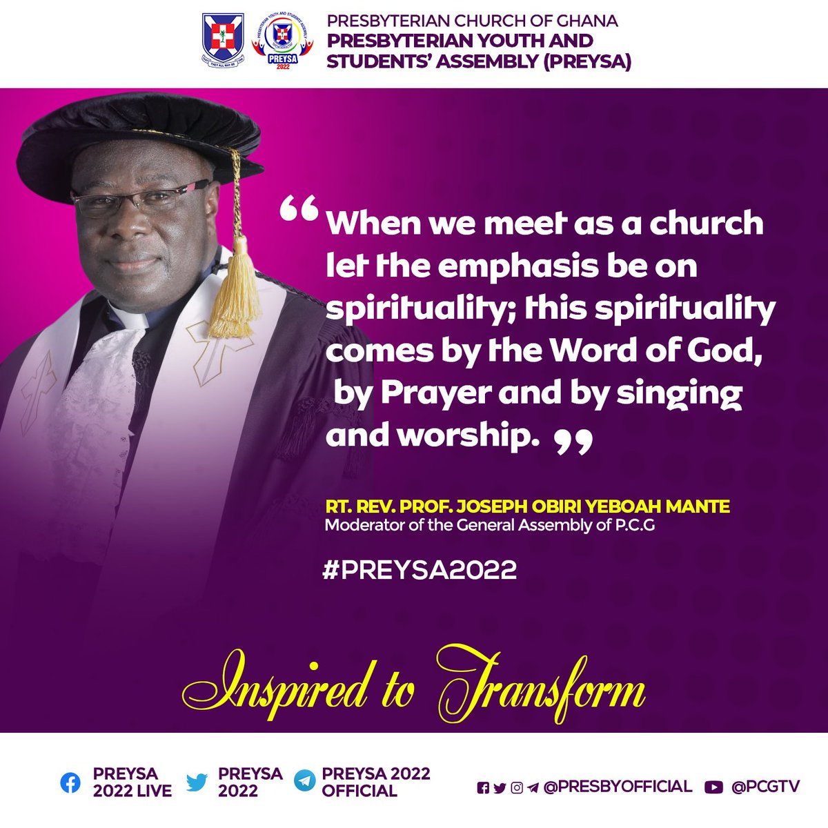 PresbyOfficial's tweet image. "When we meet as a church let the emphasis be on spirituality, this spirituality comes by the Word of God, by Prayer and by singing and worship."
#ModeratorQuotes
#PREYSA2022excerpts
#InspiredtoTransform
👇THREAD