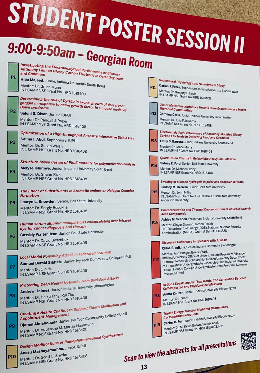 Student Posters Session II (9:00-9:50am) in the Georgia Room of the Indiana Memorial Union 

2nd Day (October 1st) of #INLSAMP2022 Annual Conference at IU Bloomington