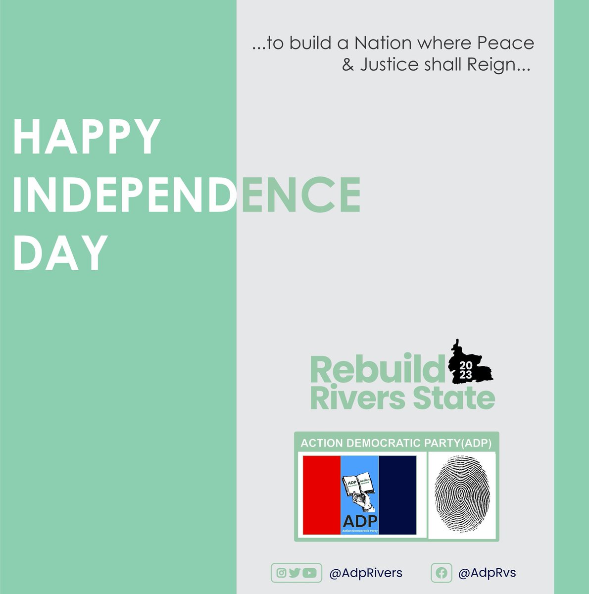 AdpRivers's tweet photo. As we Celebrate Our Dear Nigeria at 62, may we reflect on the true potential of our Nation and our willingness to point it in the right direction come 2023.

We can Rebuild Nigeria, and our own Rivers State.

#HappyIndependenceDay 
#IBeliefFingesi
#ADPRivers https://t.co/h7czFtiqnK