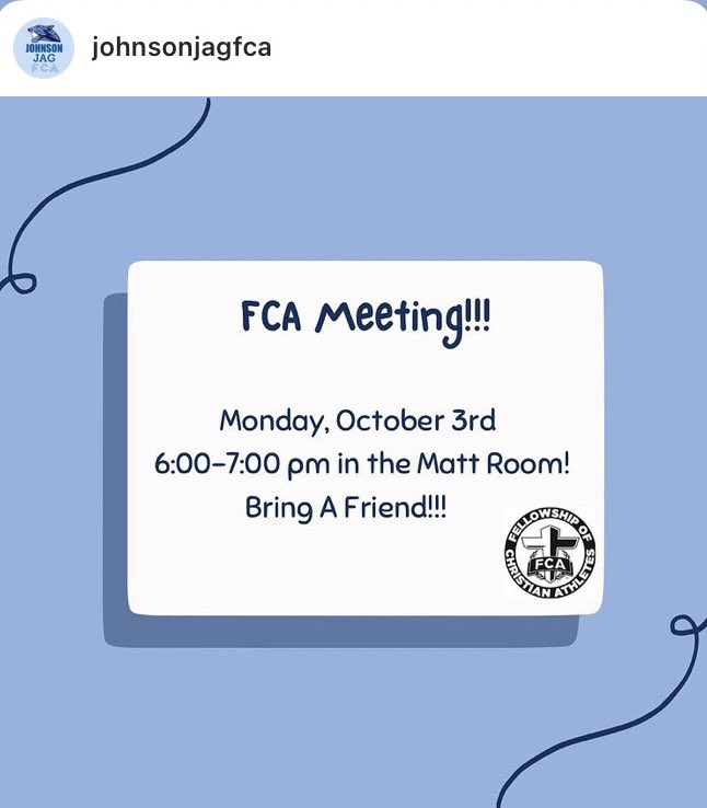Jags4Jesus_'s tweet photo. Johnson FCA 2nd meeting on Mon. Spread the word and bring a friend. Follow on Instagram Johnsonjagfca &amp; Twitter @JohnsonFCA1 ✝️ 💙 https://t.co/lHArf6wZTf