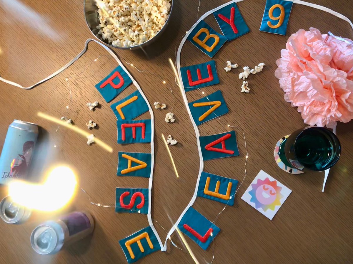 calamaristore's tweet photo. Lol when you have a party but gotta be in bed by 9! “PLEASE LEAVE BY 9” | embroidered square bunting banner, party prop accessory, funny home decor https://t.co/1ud8DNpIlX https://t.co/TuLoGE5T43