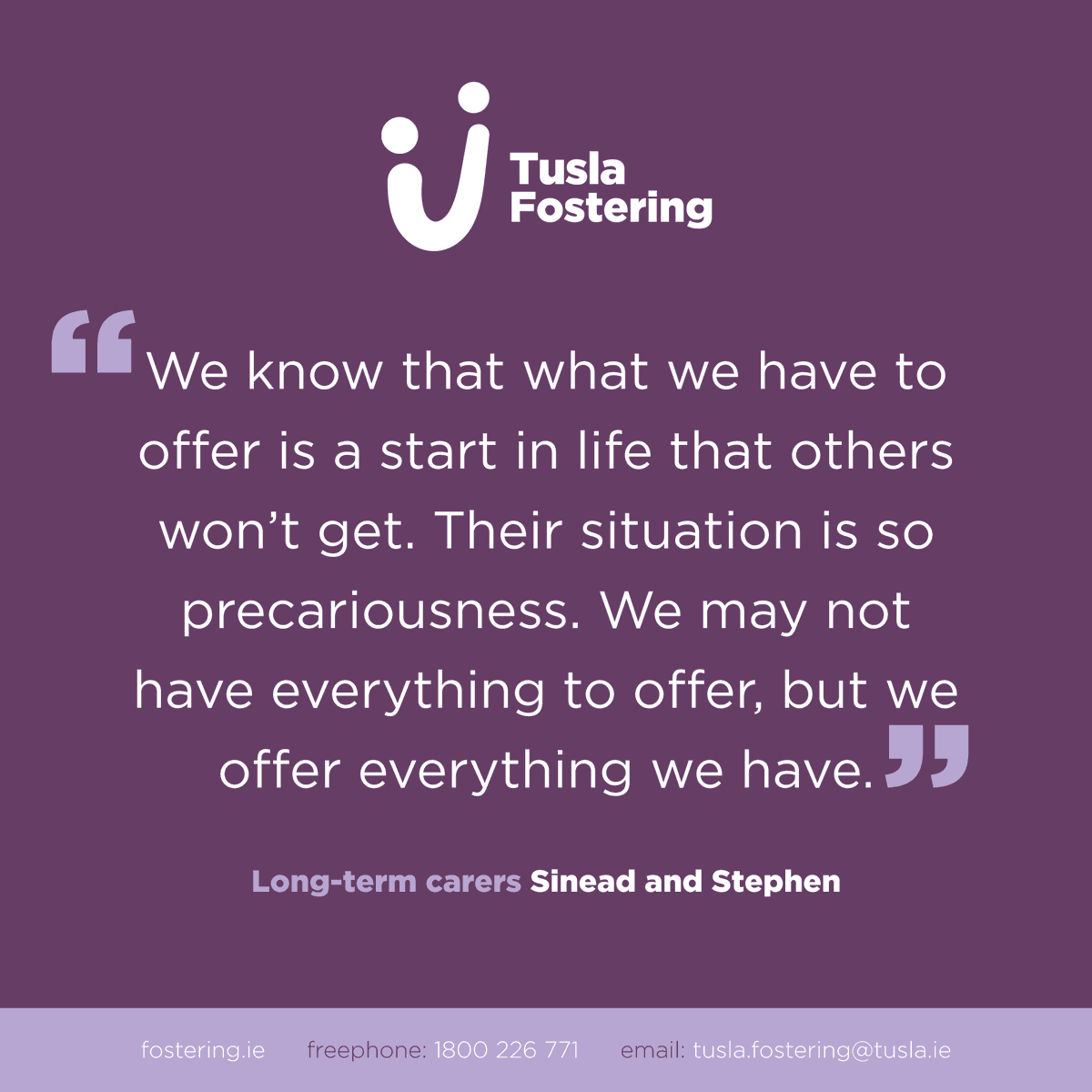 Did you know there are many types of foster care? Long-term foster care is needed for children who are unlikely to be able to return to live with their birth family. 

Tusla urgently needs more foster carers. Get in touch to find out more 
bit.ly/3BB5wCp