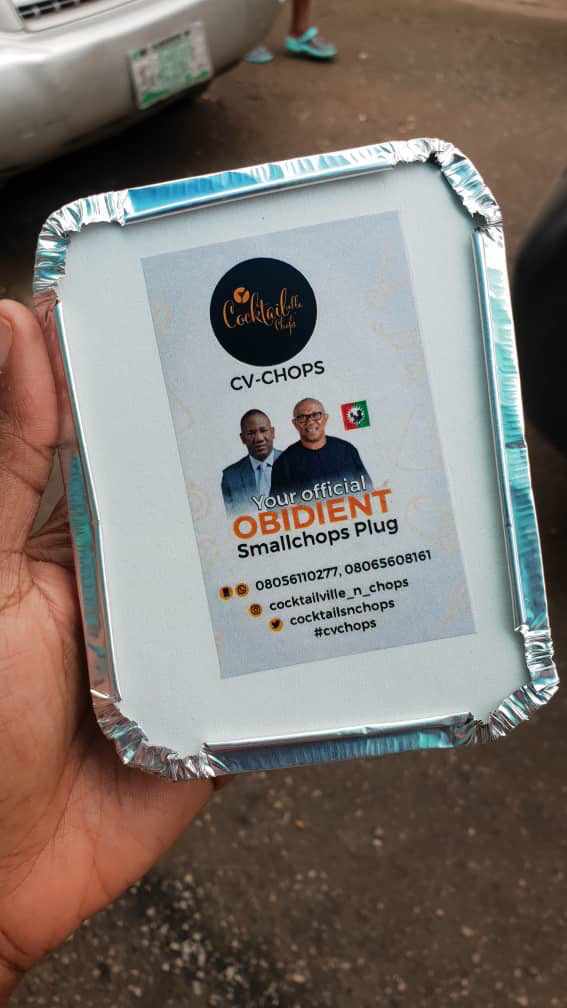 digispikex's tweet photo. Someone came and shared small chops at the rally 
@cocktailsNchops is their name
#peterobi
#LagosObiDattiRally 
#lagos4millionmarch 
#cvchops https://t.co/HRK6IuJ7Ym