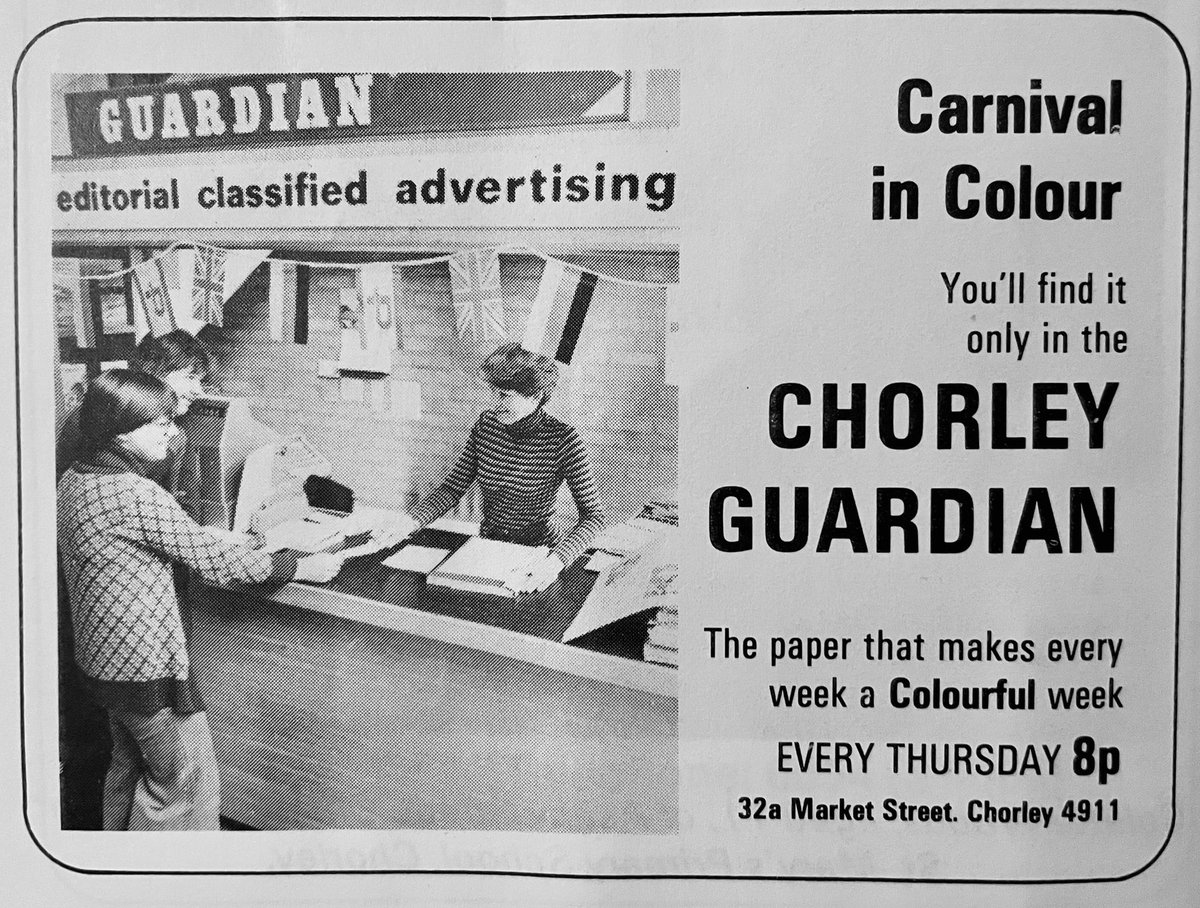 NowtbutaLad's tweet photo. Advert from June 1977 for the weekly #Chorley Guardian newspaper, before the Internet and when it had offices in the town with local reporters. @guardianchorley @InChorley @HistoryofLancs #Lancashire https://t.co/ScQsB6F2ka