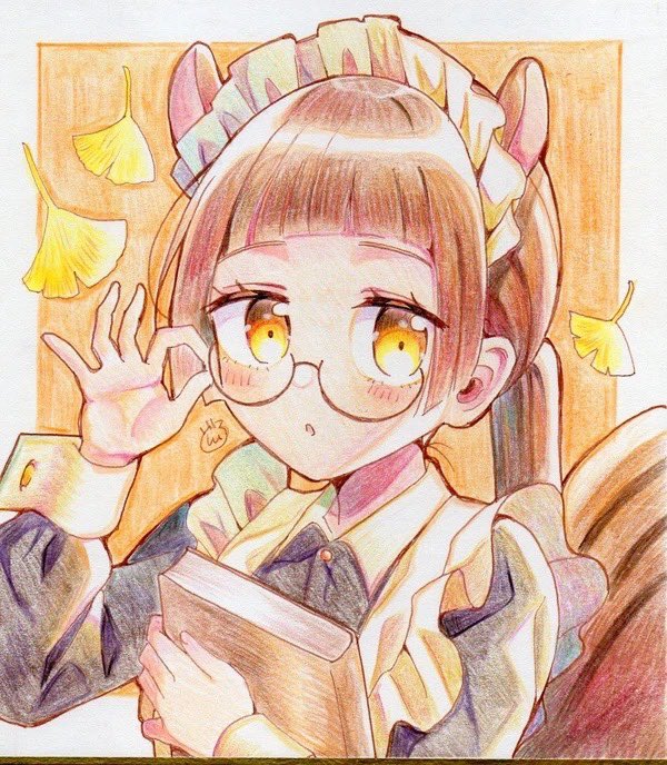 1girl solo animal ears brown hair glasses book traditional media  illustration images