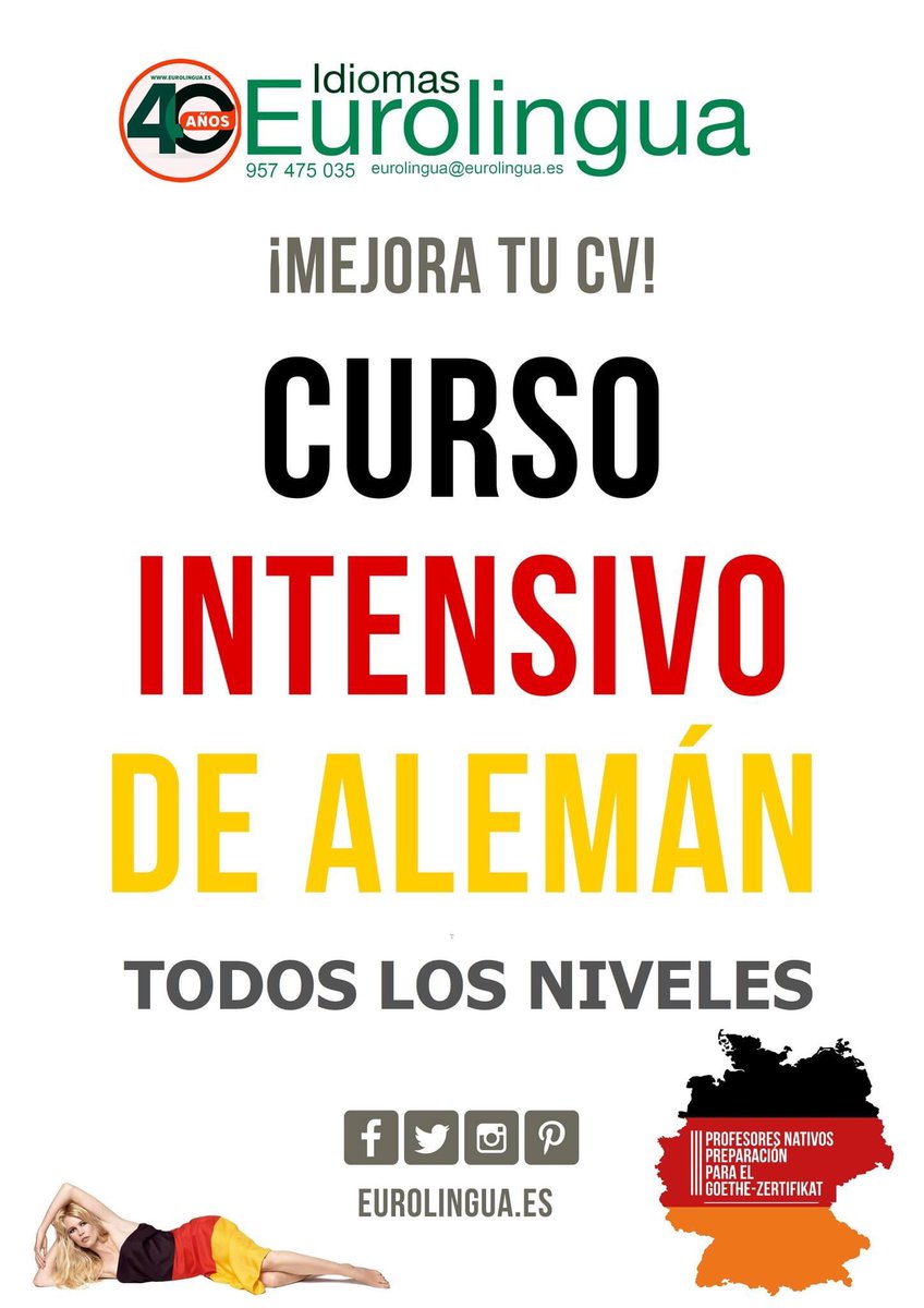 Al día de hoy muchos sectores suelen pedir más que "solamente" inglés y español. En Eurolingua brindamos cursos de alemán 🇩🇪 para todos los niveles, tanto intensivos como extensivos. Llámanos al 957475035 o escríbenos: eurolingua@eurolingua.es

#eurolinguaidiomas #cursosdealeman