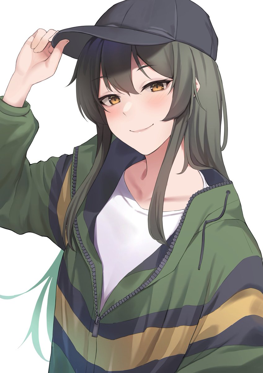1girl solo hat long hair jacket smile green jacket  illustration images