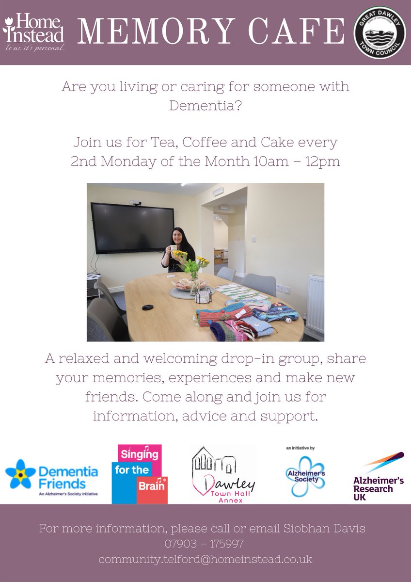 HomeInsteadTF's tweet photo. The Memory Café is one Year old this October! Are you living or caring with someone with Dementia? Why not pop along and join our friendly group, come and chat, make new friends, share your memories, over tea coffee and Cake - https://t.co/RFNrnUJNTL https://t.co/nXhlgnAkQt