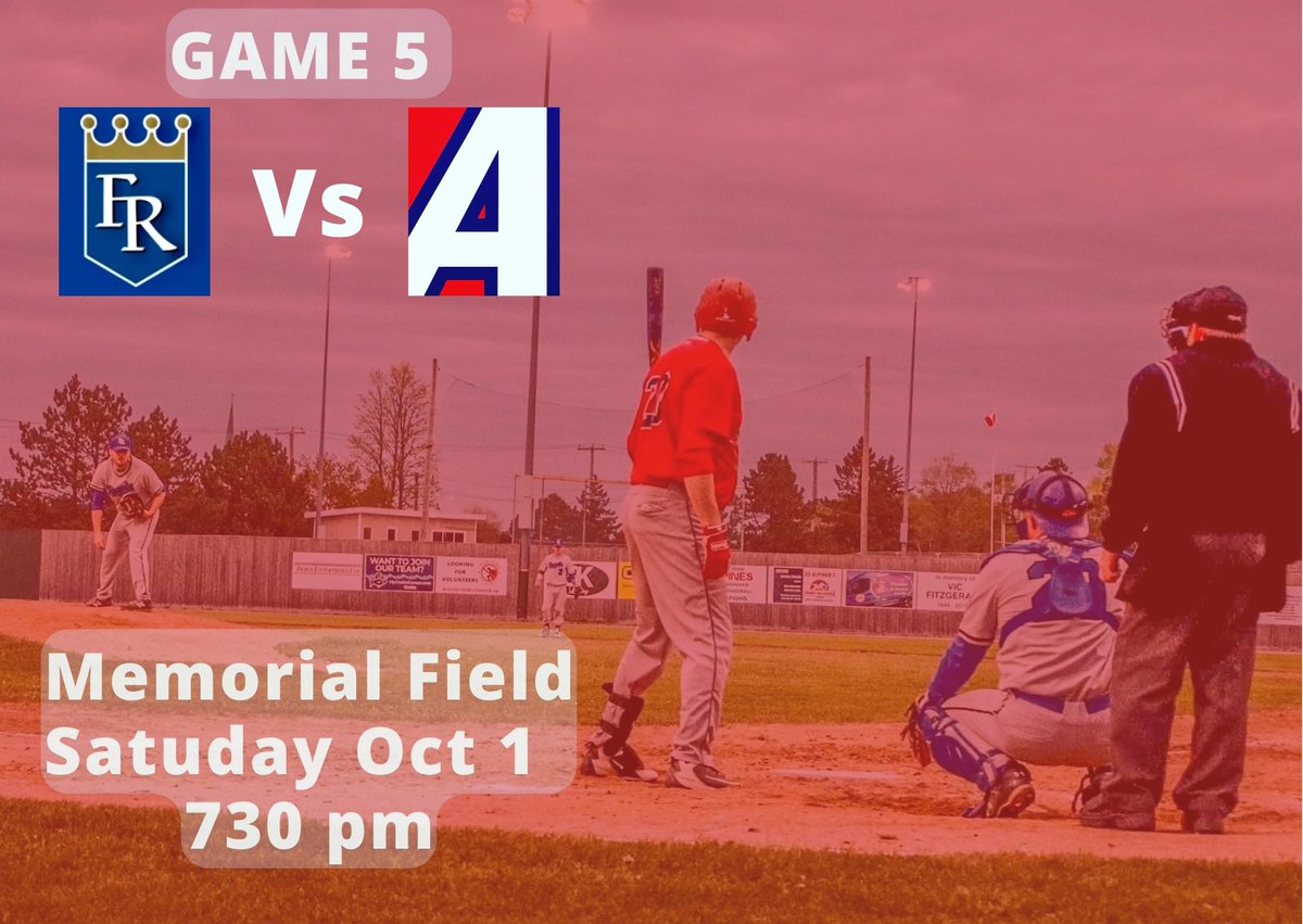 SJAlpines's tweet photo. GAME DAY! @SJAlpines host  @FredRoyals for game 5 tonight @ Memorial Field - Alpines lead series 3-1. First pitch at 730 Go ‘Pines! @WayneLongSJ @dondarlingSJ @tamarasteele1 @Oldies961 @Q889SAINTJOHN @KOOL98FM @Brentrjharris8 @GregNortonSJ @MelnortonNB @973thewave @country94chsj https://t.co/WEAyC3Hff4