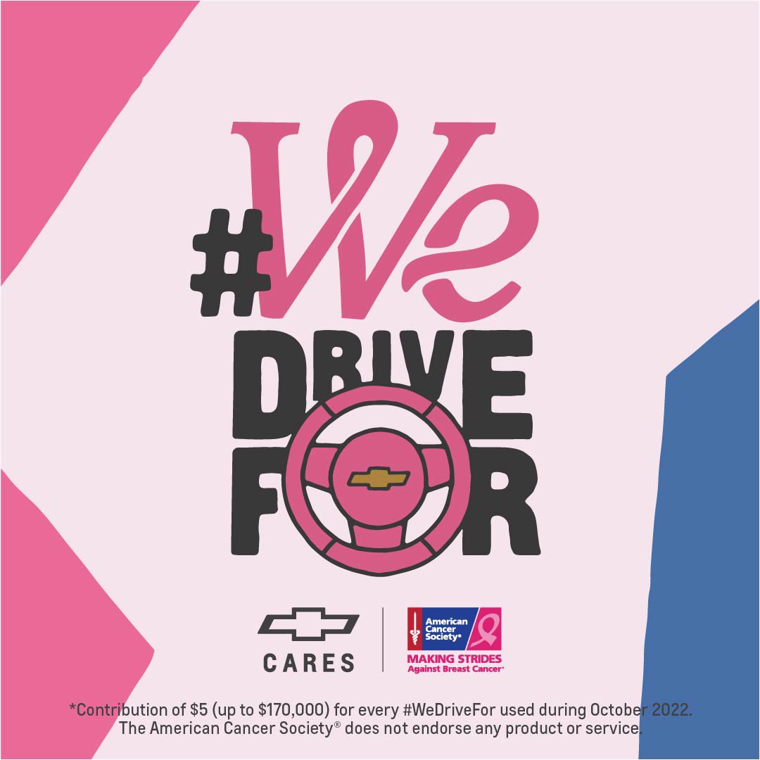 With one click, you could help save a life. Tweet or RT using #WeDriveFor this month and #Chevy will contribute $5 (up to $170,000) to the @AmericanCancer Society.