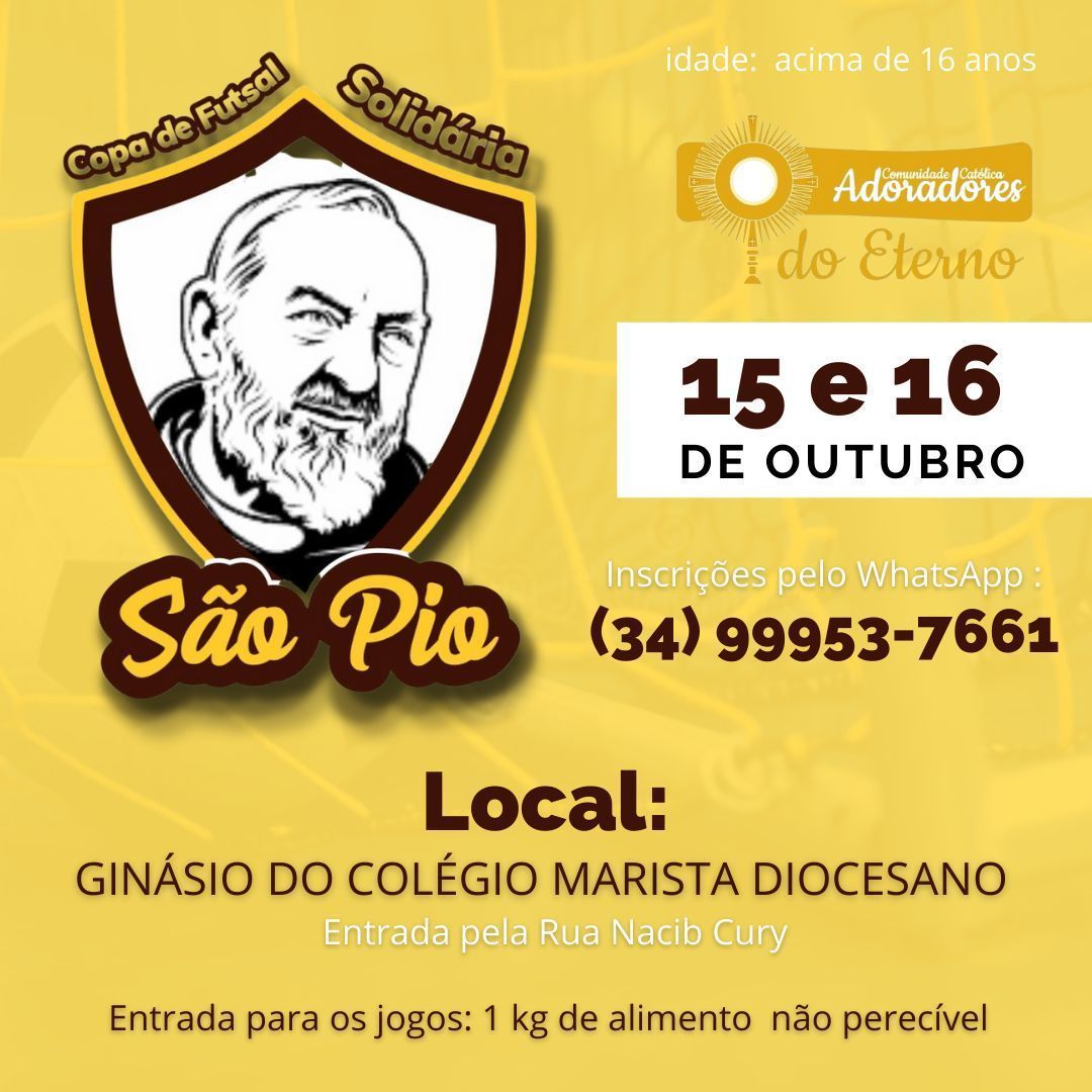 arq_uberaba's tweet photo. Você que gosta de futebol, e principalmente de jogar, está chegando a Copa de Futsal Solidária São Pio, promovida pela Comunidade @adoradoresdoeterno

Faça sua inscrição e participe!

#Arquidiocese #ArquidioceseUberaba #CopaFutsal #Solidária #Igreja #Católica #Uberaba https://t.co/qMGzcY9SUX
