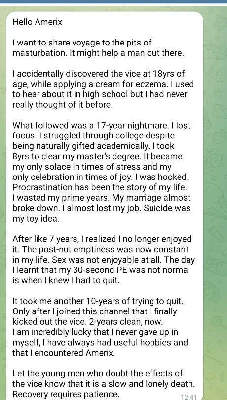 amerix's tweet photo. Men,

Read this testimony.

 Learn from it.

 Change.

Don't accept being a slave of the system.

The system wants you docile and weak.

Don't masturbate.

#MasculinitySaturday https://t.co/CQ8X4F2tYu
