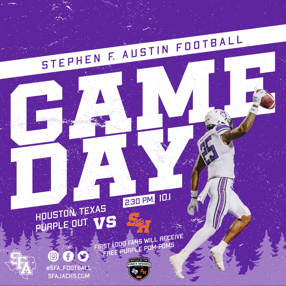 Happy Gameday 🌲

🪓 🆚 🐱
📍 : NRG Stadium
🎥 : es.pn/3SJd77y &amp; Bally Sports Southwest
🎙 : bit.ly/SFAFootballRad….......
🎟 : bit.ly/BOTPWTickets...
🛄 : bit.ly/3RxrJWy Clear Bag Policy
🟣 : bit.ly/BOTPWSchedule

#AxeEm x #RaiseTheAxe x #BOTPW