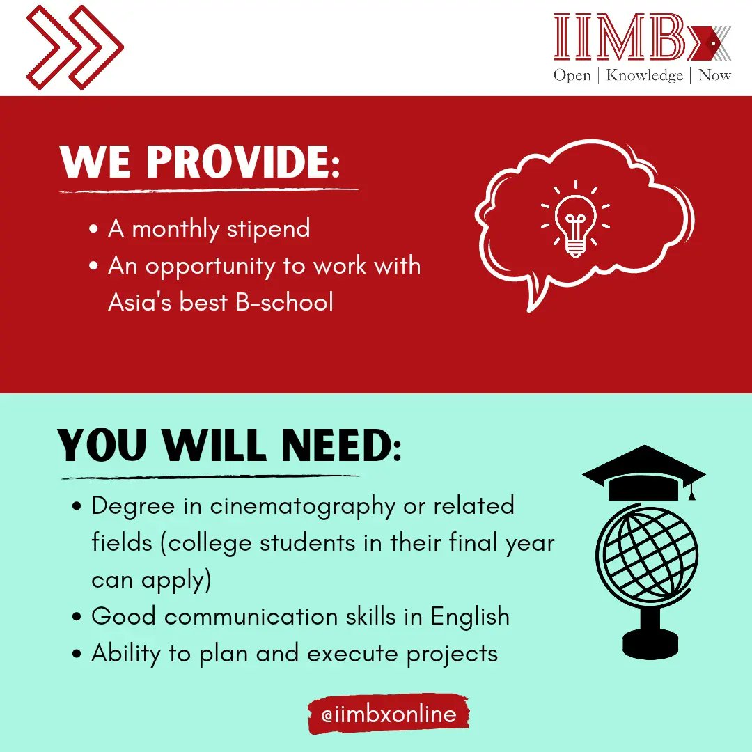 iimbxonline's tweet photo. More internship opportunities at IIMBx! We're looking for interns with video recording experience to join our studio team. Apply before October 30!
https://t.co/C3Ih9waJtT
#hiringinterns #internswanted #iimb #iimbangalore #iim https://t.co/whiGYksn1u