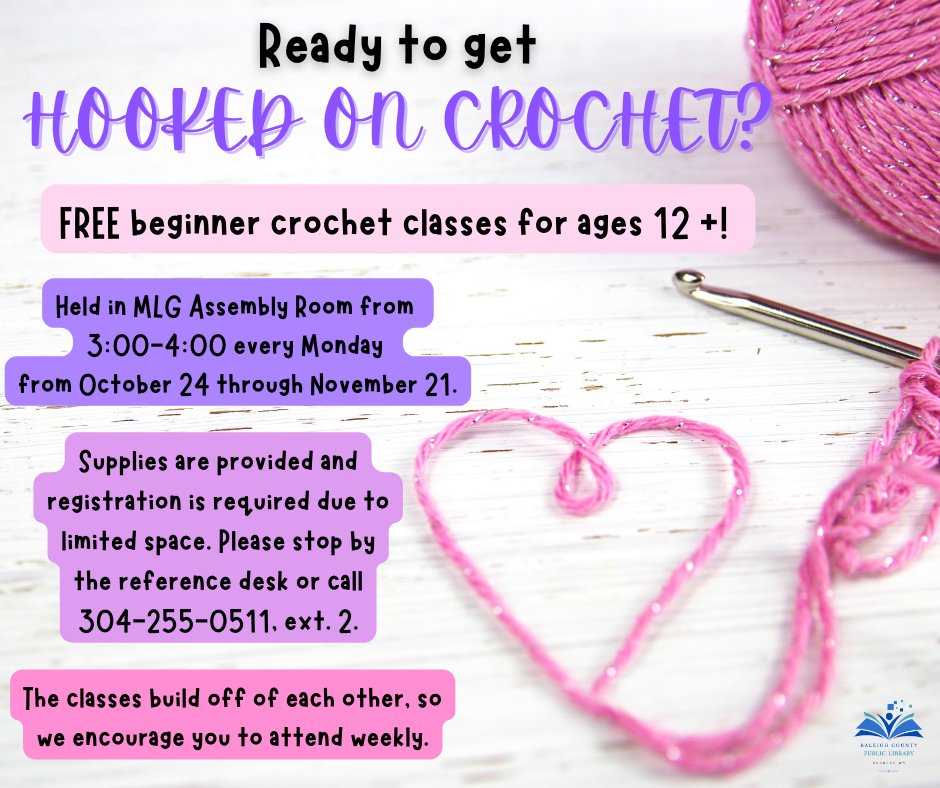 raleighcountypl's tweet photo. Today's a big day for the library! Not only is it the first day of our book sale but it's also our first day of registrations for our beginner's crochet class! Give us a call at 304-255-0511, ext. 2 to sign up. https://t.co/vDcvyZgiqW