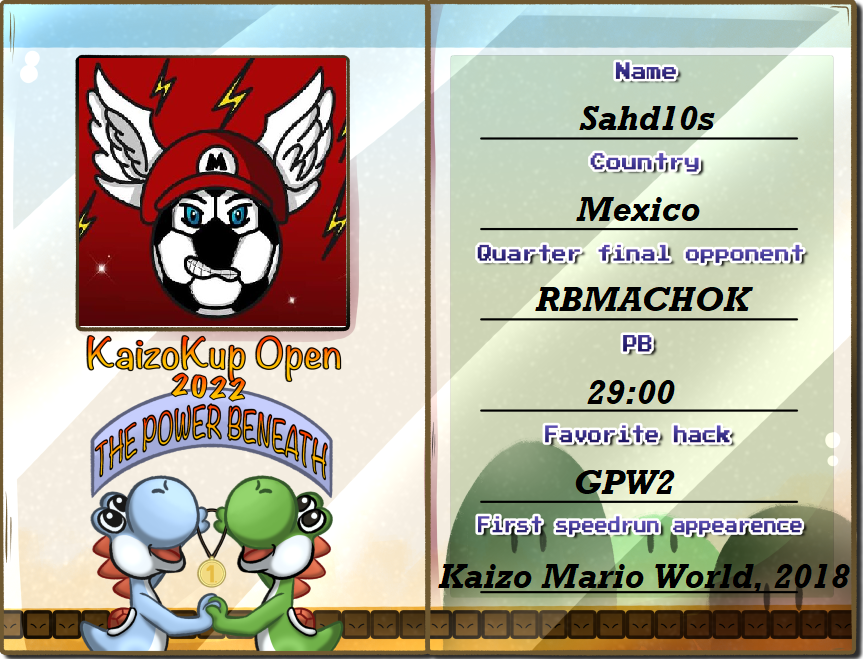 Presenting <a href="/Sahd10s/">Sahd10s</a> , the most hardworking runner I have seen. He went through his group by defeating nathanmg and phirox pretty handily. He will certainly want to advance from the inner mexican duel with <a href="/rbmachok/">RBMACHOK</a> and win this thing!