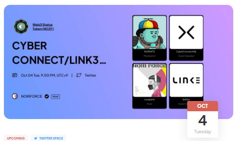 NORIWTS's tweet photo. 【イベント告知】
LINK3　@link3to の本家CYBER CONNECT社を招いて
日本語↔英語【通訳有】のAMAを行います‼
LINK3について＋アップデート（Raffle）などについて聞いていきます
✅30分聴く＋NORIFORCEフォローでW3ST
✅Raffleイベントも予定
✅LINK3担当者が登場予定
https://t.co/duueKCV1Jn https://t.co/pET4QFPkmM