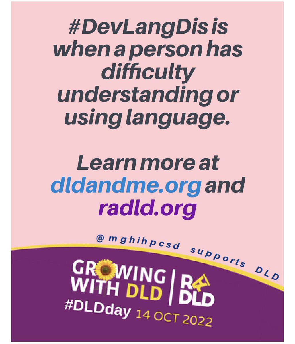 #DevLangDis is when a person has difficulty understanding or using language. I'm going to share a DLD fact each day this month to honor #DLDday. Learn more at dldandme.org and radld.org <a href="/mcgregor_karla/">Karla McGregor🟧</a> <a href="/WordAware/">Stephen Parsons</a> <a href="/deevybee/">Dorothy Bishop</a> <a href="/shaunziegenfusz/">Dr Shaun Ziegenfusz (he/him)</a> <a href="/MGHInstitute/">MGH Institute</a>