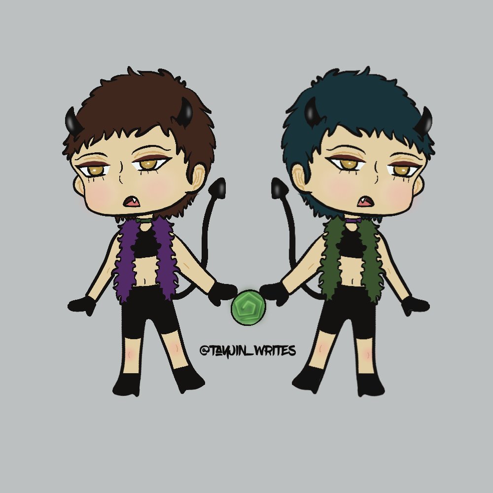 Tayjin_writes's tweet photo. Gonna post this now since no one will see it 
But chibi demon Kai and his twin(?) IG idk 😂 I was trying to make charms one day and then completely forgot about him

It was for Day 7 Free day
#BNHAunholy https://t.co/Pr7gwswehp