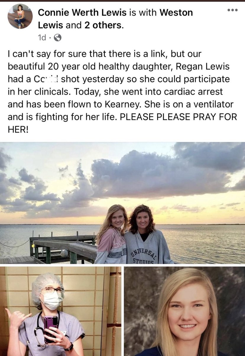Regan Lewis, age 20, died yesterday due to a mandate so she could participate in her clinicals.

We must end the mandates. Now.
