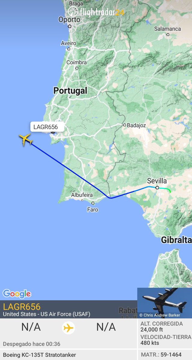 MilRadar's tweet photo. 🇺🇸 #USAF KC-135T Stratotanker 59-1464 del #351stARS despega desde #Morón y con rumbo W sobrevuela el #Atlántico https://t.co/cxi6hNTgZt