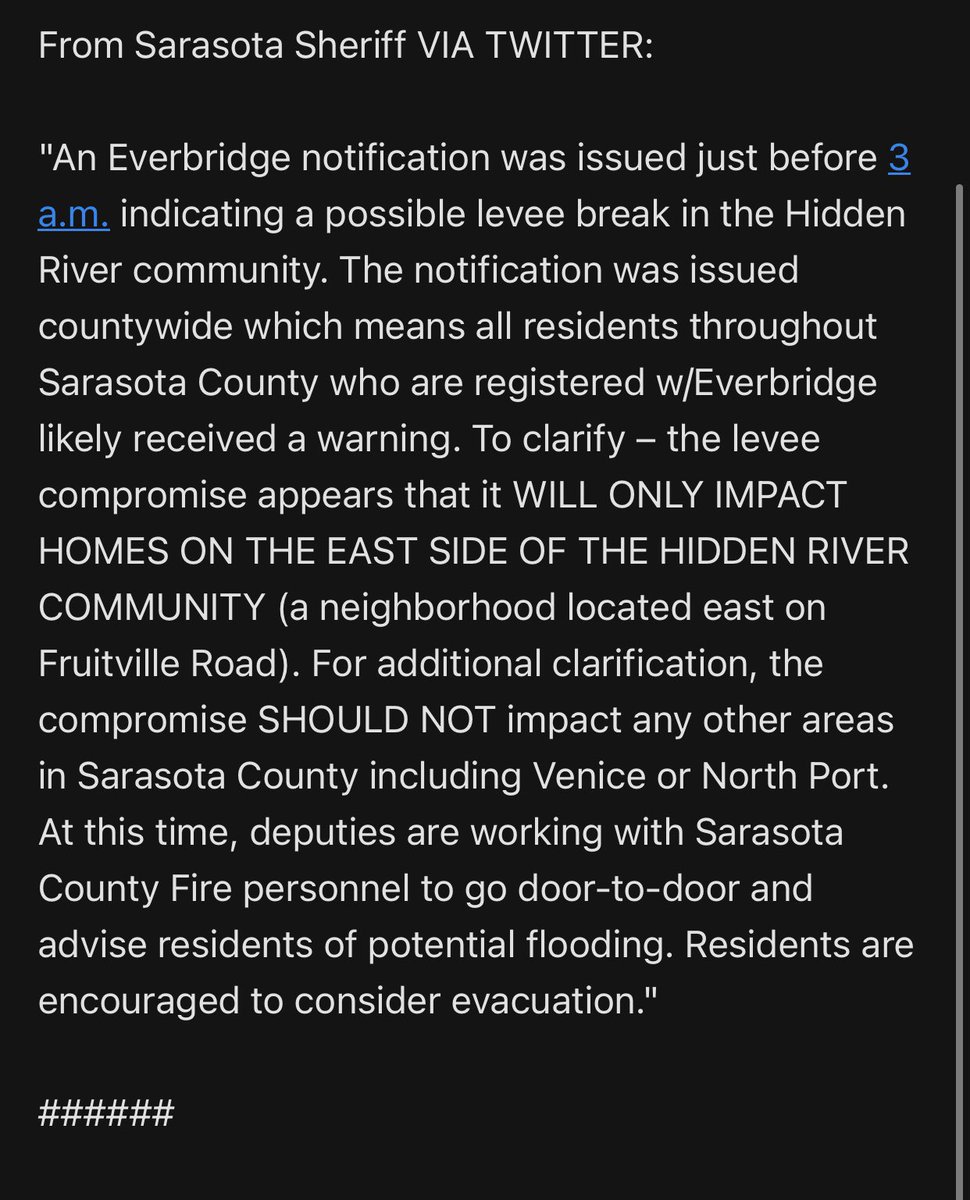 MariettaDaviz's tweet photo. Alert: Sarasota County's automated alert system warned county residents Saturday morning at about 3:15 a.m. of a possible levee break in the Hidden River/Myakka Valley area. A possible 15 foot surge &
rescue underway. 🙏🏼
#NorthPort
#Sarasota #LeveeBreak #Florida #HurricaneIan https://t.co/jZBg3tVzQq