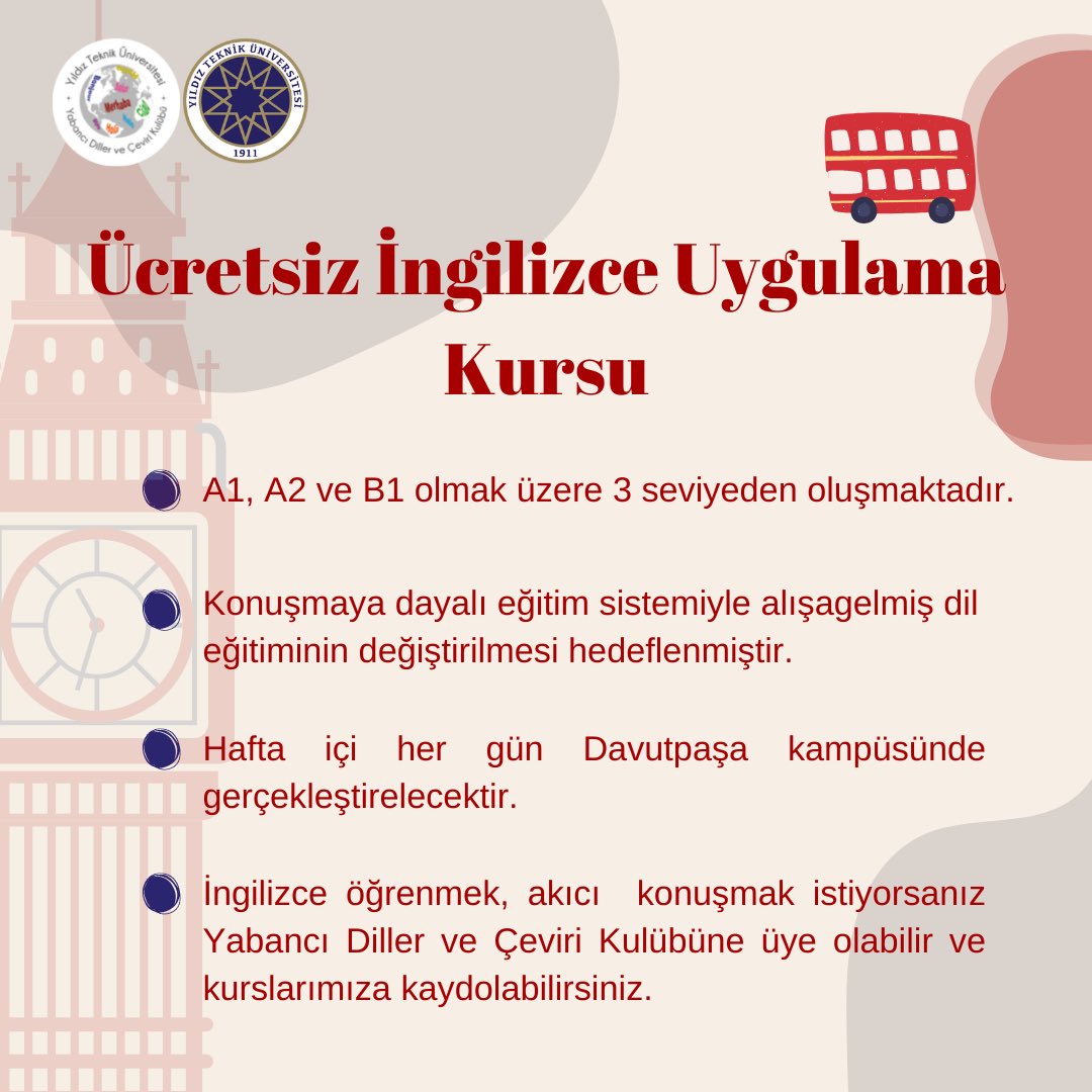 Kişisel gelişimin adresi YTÜ! 

Konuşma pratiğine dayalı eğitim sistemimizle dili öğretmek, herkesin akıcı konuşmasını sağlamak yegane amacımız.Tam da bu yüzden İngilizce bilmiyorsanız veya anlıyor ama konuşamıyorsanız  ‘Ücretsiz İngilizce Uygulama Kursu’ sizin için doğru adres!