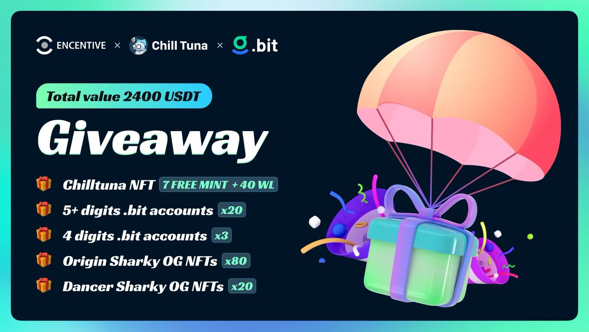 📢.bit X @Encentive_io  X <a href="/ChillTunaNFT/">Chill Tuna</a>  Party

Grand #Giveaway - $2,400 Prizes in total

🎁.bit accounts 
🎁 Chilltuna WLs &amp; Freemint
🎁 Encentive OG NFTs

⏰End: 10:00 AM (UTC+0), Oct 8th 

✅To enter:
gleam.io/b1sOq/encentiv…

#NFTs #DID #Airdrops