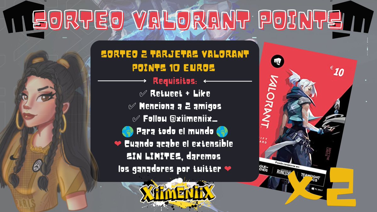 ✨SORTEO 2 TARJETAS 10 EUROS VALORANT POINTS✨

👉 SIGUE LOS PASOS:

✅ Haz RT &amp; Like al Tweet
✅ Menciona a 2 personas
✅ Sígueme <a href="/xiimeniix_/">XIIMENIIX</a> 

🌐 Para todo el mundo 🌐

🗓 Finaliza cuando acabemos el extensible SIN LIMITES de Twitch. Ganadores por Twitter